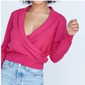 Callahan Knitwear X Revolve Risa Pink Textured Shawl Collar Faux Wrap Sweater S